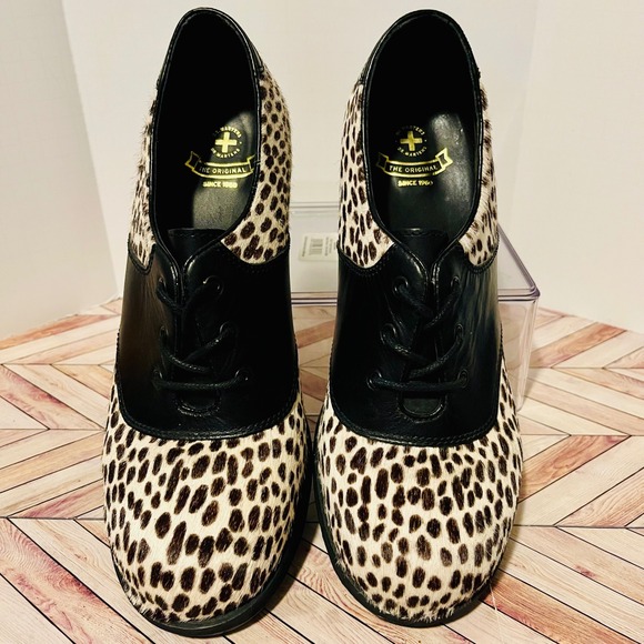 Dr Martens Sara Leopard Print Heeled Oxford Women 9 Shoes Hair On Black Leather - Picture 3 of 11